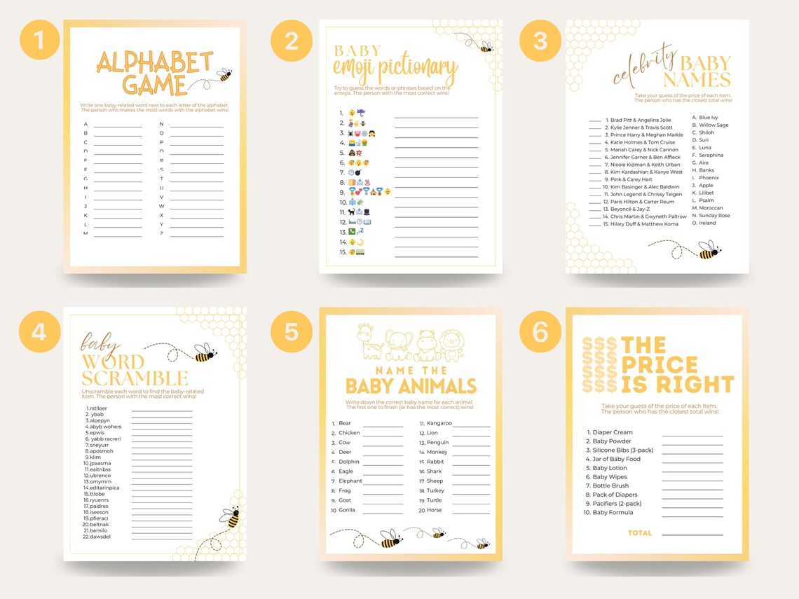 Bumble Bee Baby Shower Games – 6 Printable Game Set, Bee Theme, Gender