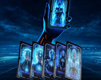 May include: A set of futuristic tarot cards with blue and white neon accents. The cards feature images of people with glowing eyes and futuristic clothing. The cards are labeled with the names of the cards, such as "The Empress" and "Temperance". The cards are part of the Evisiona Tarot deck.