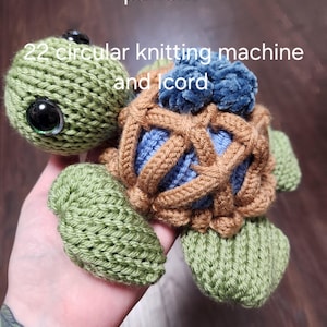 Könnte beinhalten: Ein gestricktes Schildkrötenspielzeug mit grünem Kopf, großen schwarzen Augen, blauem Panzerzentrum und braunem I-Cord-Gitter. Der Text lautet: PDF circular Knitting machine pattern, 22 circular knitting machine and Icord.