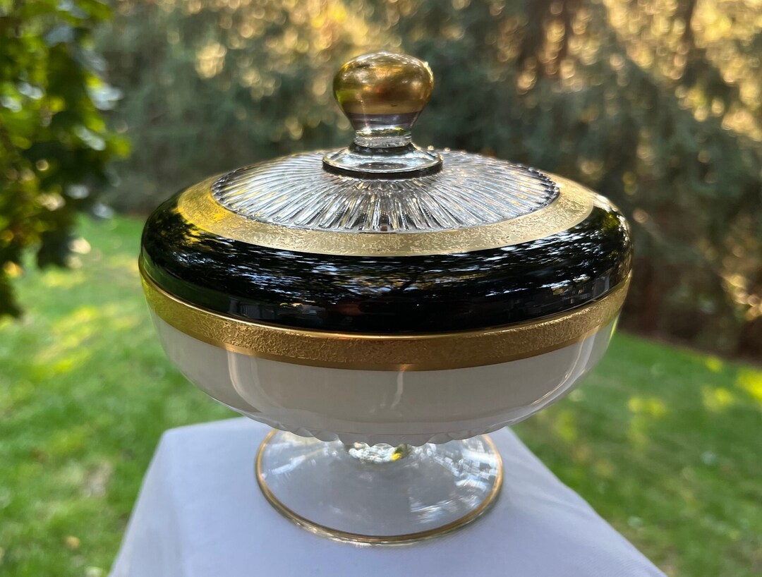 Vintage Glass Candle Covered Candy Dish Black and Gold Etsy