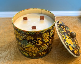 Vintage English Tea Tin Container Candle, “Sunflower Almond” (earthy almond) Soy Wax, three Wood Wicks