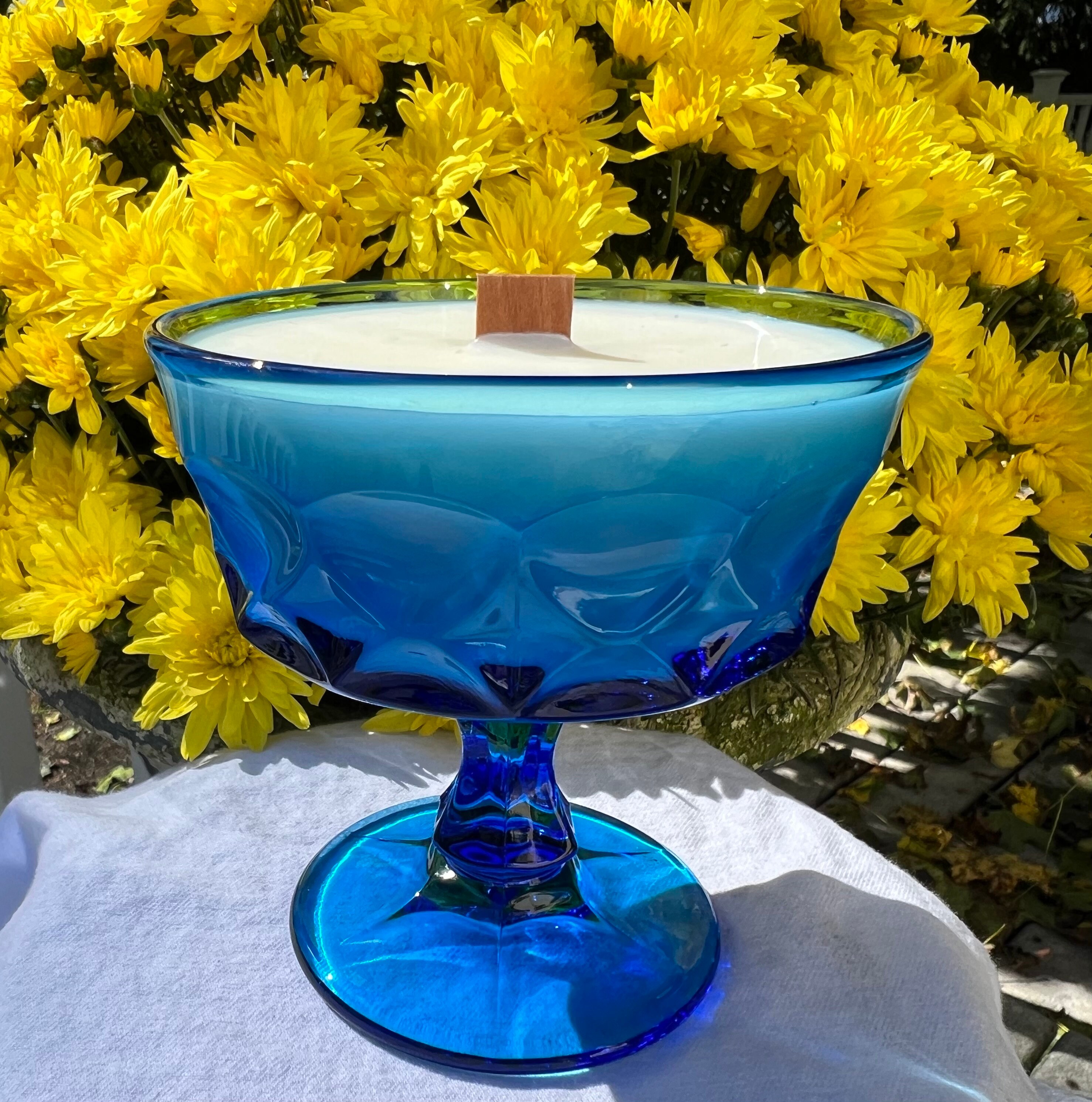 Vintage Soy Candle - Blue Noritake Perspective Glass, “Vivi’s Volcano” (Capri blue dupe) scent, Soy Wax, Wood Wick