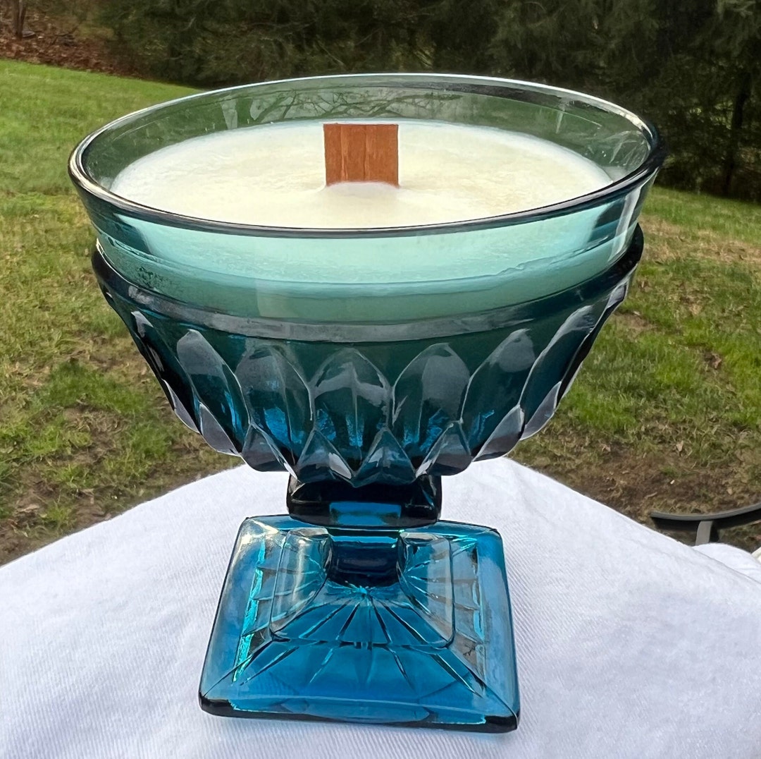 Vintage Glass Candle Indiana Glass Mount Vernon Blue Etsy