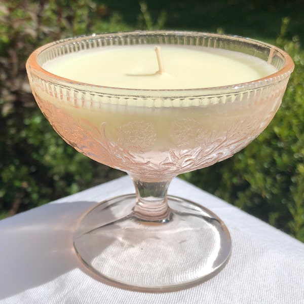 Vintage Glass Candle - Pink Depression Glass Footed Champagne Compote/ Sherbet, Hand Poured Organic Soy Candle, Cupcake Scent