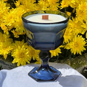 Glass Soy Candle Vintage Fostoria Dark Smokey Blue Coupe Goblet, “Laundry Suds” Scent Soy Wax, Wood Wick