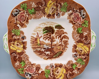 Square Serving Platter, “English Scenery,” Enoch Woods (Woods Ware), England – Brown Transferware