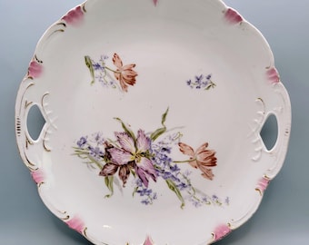 Hand-Painted Floral Serving Platter with Handles – Scalloped Rim, Gold & Pink Accents