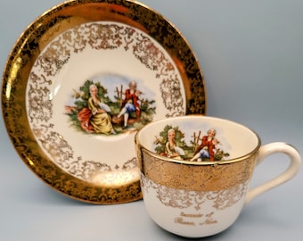Miniature Cup & Saucer, Sabin, Crest O'Gold, 22K Souvenir Reno, Nevada