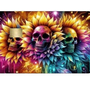 Skin para cartão de crédito com caveira e flores holográficas, skin para cartão de débito Skin para cartão de crédito