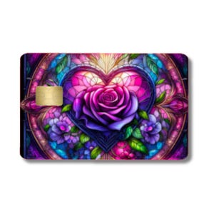 Diseño de tarjeta de crédito con corazón y rosas de vitral, diseño de tarjeta de débito, diseño de tarjeta de crédito