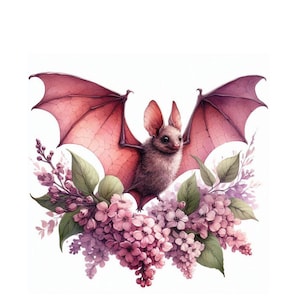 May include: A watercolour illustration of a bat with outstretched wings, in shades of pink and brown. The bat is surrounded by a wreath of pink and purple flowers and green leaves, set against a white background.
