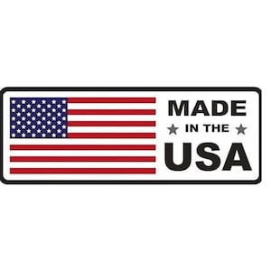 May include: A rectangular sticker displaying the American flag with red and white stripes and a blue field of stars. The text "MADE IN THE USA" is written in bold, black letters.
