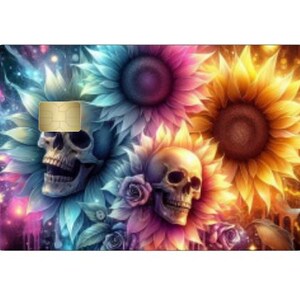 Skin para cartão de crédito com caveira e flores holográficas, skin para cartão de débito Skin para cartão de crédito