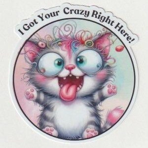 Può includere: Un'illustrazione di un gatto bianco con orecchie rosa e un naso rosa. Il gatto ha grandi occhi blu, una lingua rosa che sporge e una criniera pazza, colorata e riccia. Il gatto è circondato da un cerchio rosa e blu con il testo "I Got Your Crazy Right Here!"
