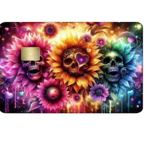 Skin para cartão de crédito com caveira e flores holográficas, skin para cartão de débito Skin para cartão de crédito