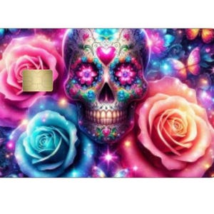 Holographischer Schädel und Blumen Kreditkarten Skin, Debit Karten Skin Kreditkarten Skin