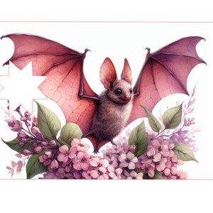 May include: A watercolour illustration of a bat with outstretched wings, in shades of pink and brown. The bat is surrounded by pink flowers and green leaves, set against a white background. The image has a soft, artistic style.