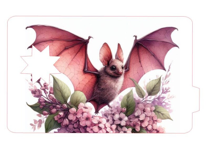 May include: A watercolour illustration of a bat with outstretched wings, in shades of pink and brown. The bat is surrounded by pink flowers and green leaves, set against a white background. The image has a soft, artistic style.