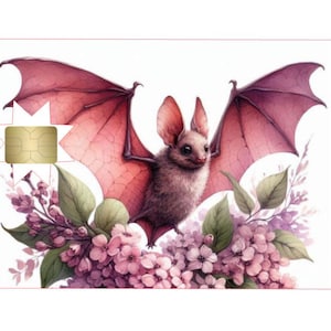 May include: A decorative card with a watercolour illustration of a bat with outstretched wings. The bat is a soft brown colour with pink wings, set against pink flowers and green leaves. A gold-coloured chip is visible.