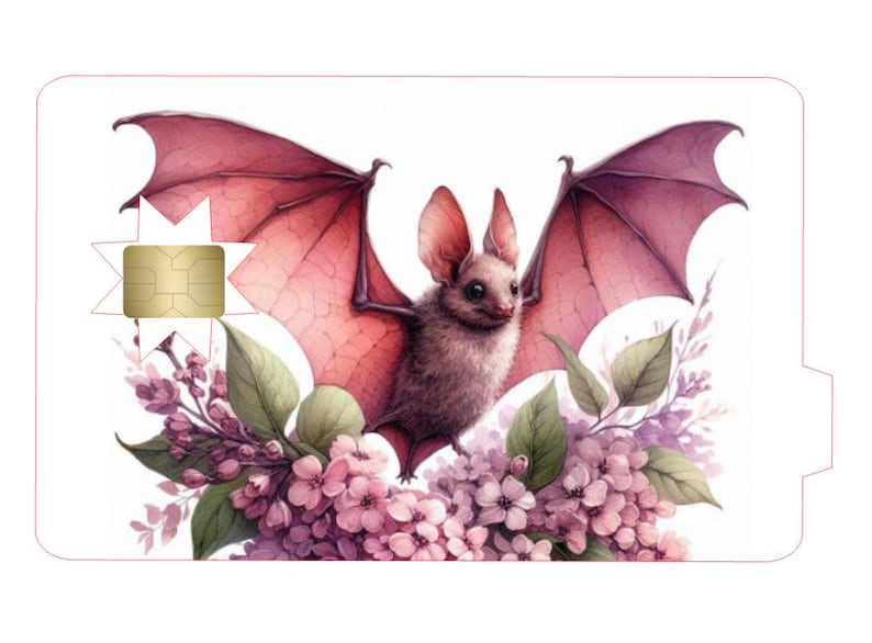 May include: A decorative card with a watercolour illustration of a bat with outstretched wings. The bat is a soft brown colour with pink wings, set against pink flowers and green leaves. A gold-coloured chip is visible.