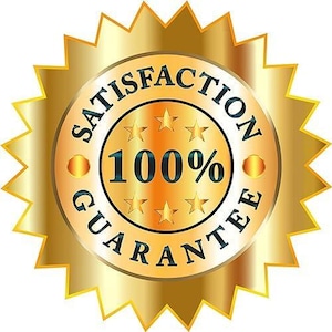 May include: A gold-coloured, starburst-shaped emblem with the words "SATISFACTION GUARANTEE" in a circular pattern. The centre circle reads "100%" with star accents. The design has a shiny, metallic finish.