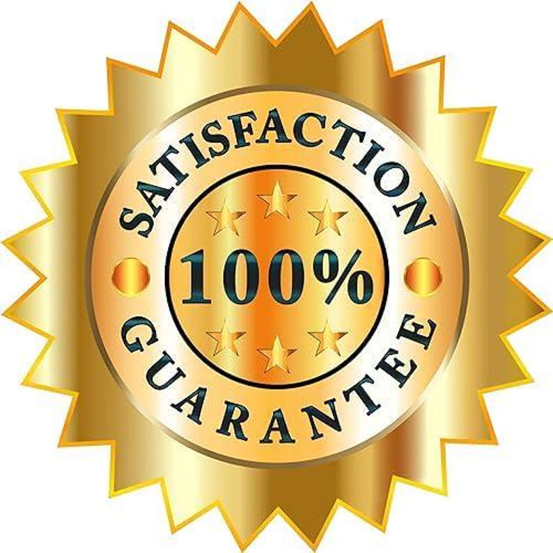 May include: A gold-coloured, starburst-shaped emblem with the words "SATISFACTION GUARANTEE" in a circular pattern. The centre circle reads "100%" with star accents. The design has a shiny, metallic finish.