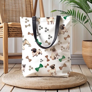 Pugs and Bowties Dog Tote Bag Gift for Cool Dog Lover Pug Lover Gift Pug Breed Tote Pugs Print Bag Pet Lover Carry Bag Dog Mom tote carry