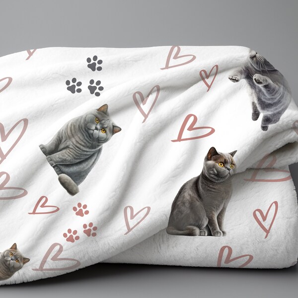 British Shorthair Cats and Hearts Plush Throw Blanket Gift for Gray Brit Cat Lovers I Heart Brit Cat Gift Cat Lovers blanket Brit Cat Throw