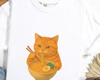 Ramen Noodles Eating Ginger Orange Tabby Cat Shirt Kawaii Cat Eating Ramen Graphic Top Gift for Cat Lovers Foodie Pet Parent Japanese Foodie