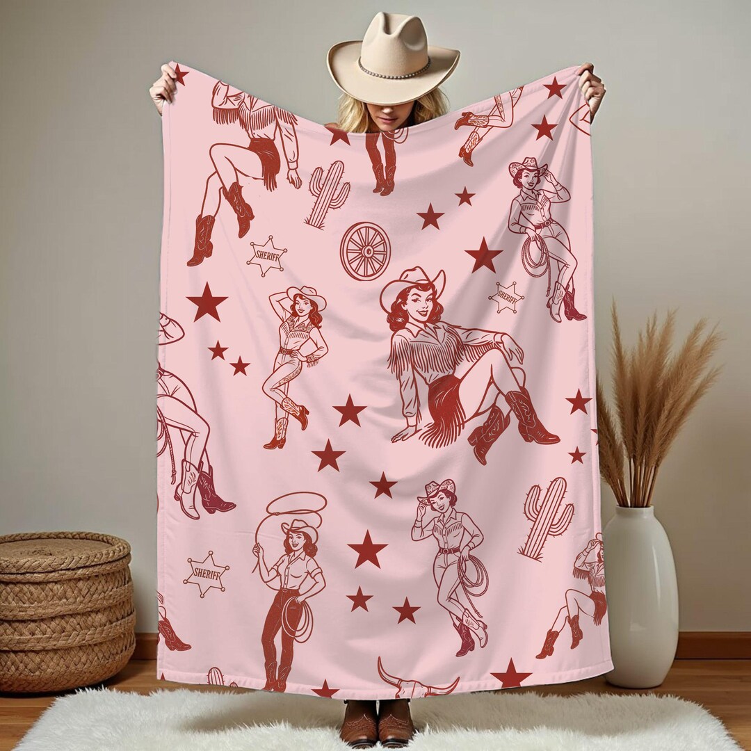 Pinup Rodeo Cowgirl Retro Pinup Girls Plush Throw Blanket Flirty Wild West Decor ...