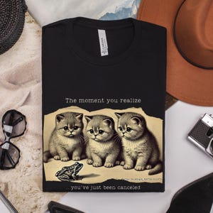 May include: Black t-shirt with a humorous image of three kittens and a frog. The text reads "The moment you realize... you've just been canceled."