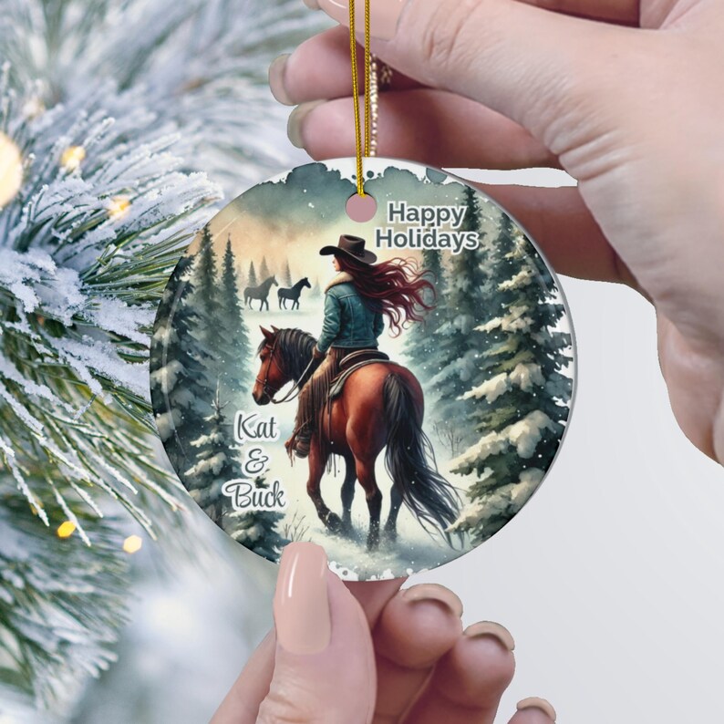 Personalized Christmas Bay Horse and Rider Ceramic Ornament Western ...