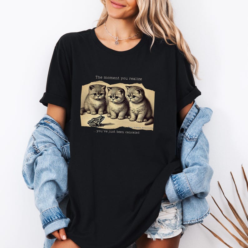 May include: Black t-shirt with a graphic of three kittens looking at a frog with the text "The moment you realize... you've just been canceled."