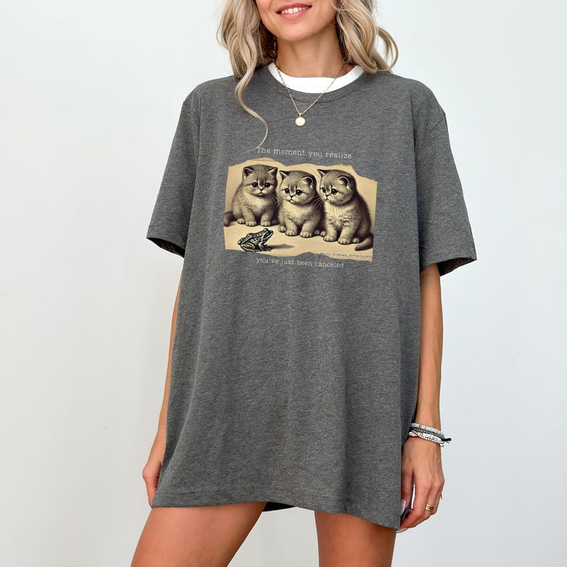 May include: Gray oversized t-shirt with a graphic print of three kittens looking at a frog. The text on the shirt reads "The moment you realize you've just been pranked."