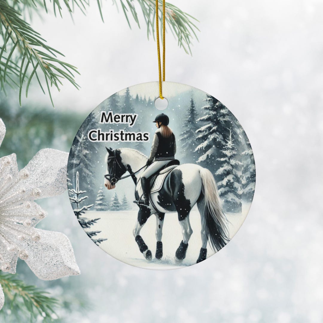 Personalized Christmas Tobiano Paint Horse and Rider Ceramic Ornament ...