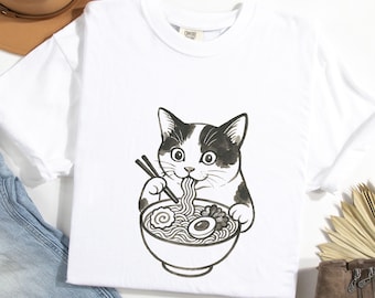 Ramen Noodles Japanese Ink Style Calico Tuxedo Cat Shirt Funny Cat Eating Noodles Tee Minimal Black Ink Cat Art Gift Cat Lovers Foodie Fans