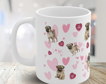 Pugs with Hearts Valentines Day Hearts Coffee Mug Gift for Pug Doggy Lovers Valentines Day Pug Gift Dog Lovers Gift Pug Tea Cup Dog Mug Gift