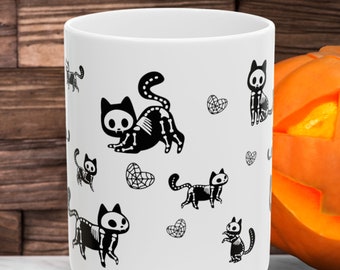 Skeleton Cats Halloween Coffee Mug, Spooky Kitty Gift