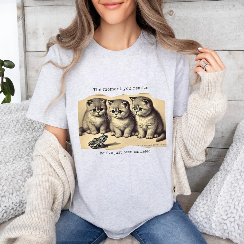 May include: A gray t-shirt with a humorous image of three kittens looking at a frog with the text "The moment you realize... you've just been canceled."