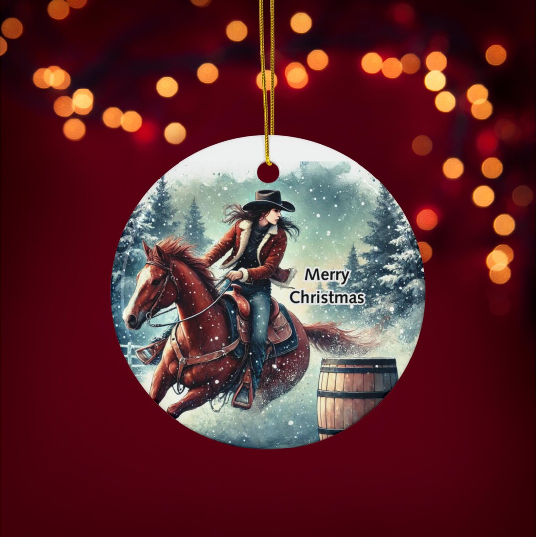 Personalized Christmas Chestnut Horse and Barrel Racer Ceramic Ornament ...