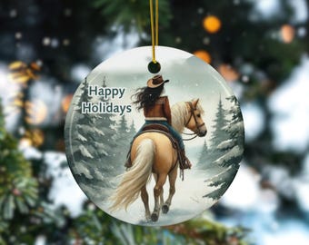 Personalized Christmas Palomino Horse and Rider Ceramic Ornament Western Decor Equestrian Custom Holiday Horse Trainer Customized Ornament