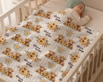 Personalized Highland Cow Baby Blanket Girl | Sunflower Cow Blanket Custom Name | Farm Baby Girl Gift | Floral Nursery Blanket | Baby Shower