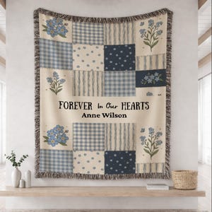 Memorial Blanket Personalized, Forget Me Not Patchwork Sympathy Gift Loss of Mom Grandma Dad, In Loving Memory, Bereavement Remembrance Gift