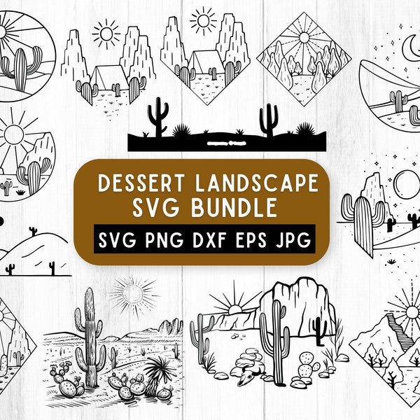 Desert Landscape Svg,Mountain Scene Svg, Svg Files For Cricut,Desert Line Art Svg,Desert Vector,Dessert Clipart,Desert Cut File,Svg Bundle