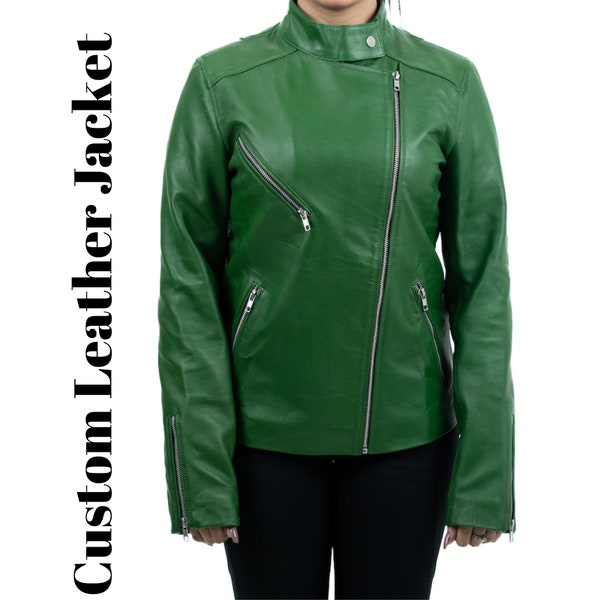 Women's Green Genuine Leather Biker Jacket,Women's Green Sheepskin Leather Jacket, Ladies Green Jacket,Vintage Green Genuine Leather Jacket