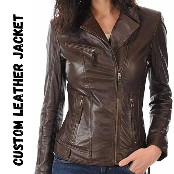 Women's Leather Jacket, Real Biker Motorcycle Slim  Fit Coat Brown, Handmade  Leather Jacket For Women's, Biker Jacket For Women's