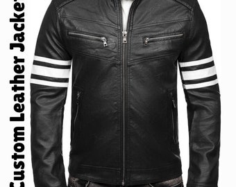 Herren Cafe Racer Retro Schwarze Lederjacke, einzigartiger Stil schwarz-weiße Lederjacke für Männer, hochwertige Jacken für den Winter, Geschenk für Sie