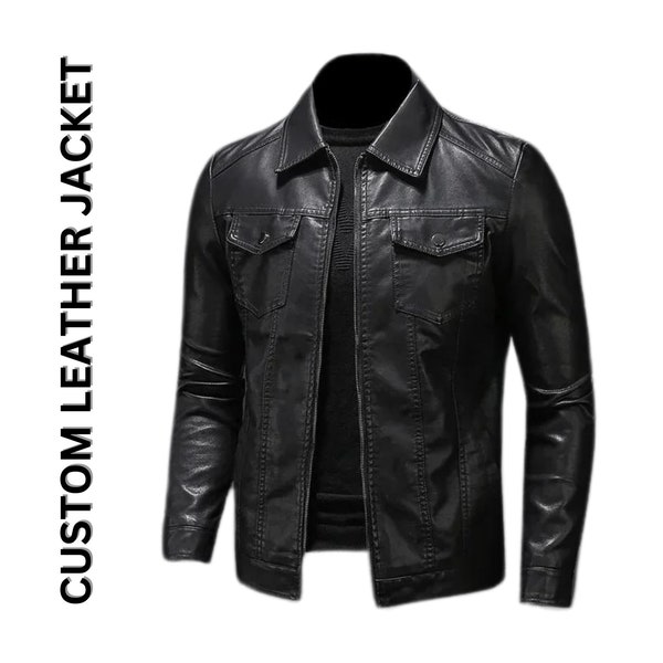 Blouson en cuir pour homme personnalisé, Blouson moto en cuir pour homme, Blouson noir, Blouson en cuir personnalisé, Cuir véritable, Cadeau pour lui