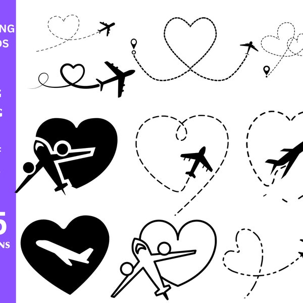 Airplane Heart Svg Bundle, Airplane Png, Travel Svg, Airplane Clipart, Flying Airplane Svg, Love Travel Svg, Silhouette, Instant Download