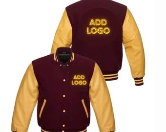 Varsity Jacket, Yellow And Burgundy Leather Jacket, Custom Leather Jacket, Genuine Leather Sleeves, Leather Jacket, Motorcycle Jacket